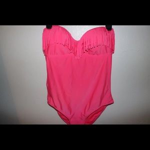 Bright pink fringe one piece swim suit